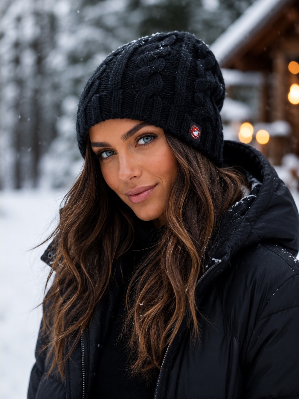 Canada Weather Gear Black Faux Fur lined winter knit hat toque